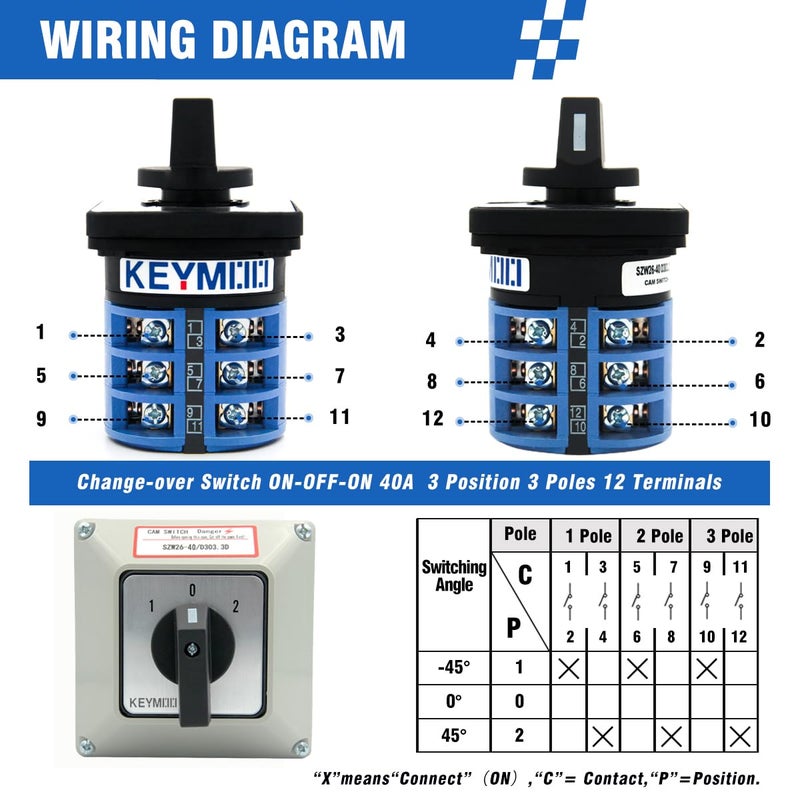 Keymoo 40A Rotary Changeover Switch With Exterior Box, 3 Position 3 Phase 12 Terminals, Universal Selector With AWG 12-10 Yellow Terminals, Cam Box IP65 40/D303.3D - Image 4